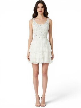 Nina Austin White Silver Sequin Beaded Top with Mesh Tulle Skirt Dress Vintage M